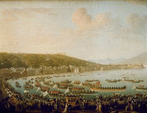 Karl III av Spaniens (Carlos III) (1716-1788) avgång från Neapelbukten (Italien). Målning av Pietro Fabris (1756-1779), olja på duk av Pietro Fabris