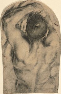 Halvlång liggande manlig nakenbild sedd bakifrån, ca 1590 (kol, inslag av oljefärg och spår av blyvitt på papper)
