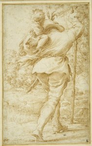 St. Christopher färja Kristusbarnet (penna & brunt bläck på vitt papper)