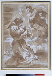 Jungfrun anförtror Jesusbarnet till den helige Francois av Assisi Teckning av Pietro Faccini (1560-1602) 1500-talets sön. 0,23 x 0,33 m Paris. Louvren