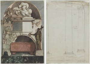 Design för en fresk av en konstnärsgrav i Certosa i Bologna (recto); Arkitektonisk ritning av kolumner (verso)