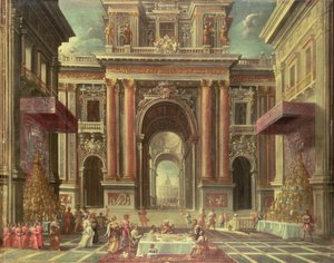 Magnifik fest på innergården till ett barockpalats (olja på duk) av Pietro Francesco Garoli