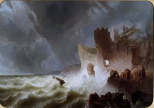 Lido solitario Marint landskap, med ett skepp som fångades i stormen och kraschade på klipporna. Målning av Pietro Giuria (1800-talet) Dim. 140x200 cm Genes Nervi, Galleria d