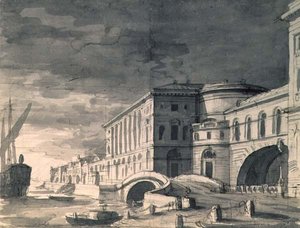 Vy över Neva-dammen med Hermitage-teatern i mitten, efter 1802 (penna, pensel, bläck och blyerts)