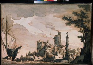 ""Utsikt över en hamn"" Teaterinredning. Akvarell av Pietro di Gottardo Gonzaga (1751-1831) 1818. Akvarell och tusch på papper. Moskva, Pushkin-museet