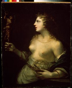 ""Urania"" (Urania) representation av den skyddande musen för astronomi och astrologi, som håller en hand på en sfär. Målning av Pietro Liberi (1614-1687) Mikhail Kroshitsky Art Museum från 1600-talet, Sevastopol (Sevastopol) Ukraina