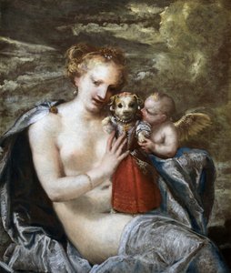 Venus, Amor och liten hund klädd som ett barn.
