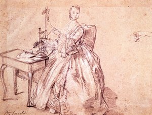 Lady spinning tråd, av Pietro Longhi (1701-1785), teckning av Pietro Longhi