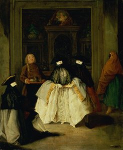 Maskerade figurer i ett venetianskt kaffehus av Pietro Longhi