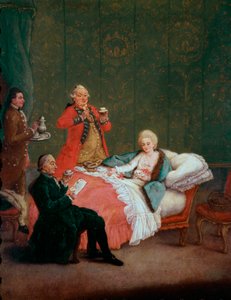 Morgonchoklad ung kvinna av adeln ligger i sin säng som serveras av tre män. Målning av Pietro Longhi (1702-1785) 1775-1780. Dämpa. 60x47 cm Ca 