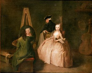 Målarens ateljé Målaren framför sitt staffli porträtterar en ung kvinna. Målning av Pietro Longhi (1702-1785) 1740-1745 sön. 44x53 cm Venedig, Ca 