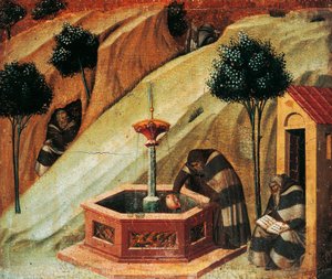 Karmelit hämtar vatten från profeten Elias källa, detalj från karminens altartavla av Pietro Lorenzetti (cirka 1280-1348), tempera och guld på träpanel av Pietro Lorenzetti