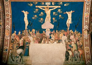 Crucifixion Fresco av Pietro Lorenzetti (1280/5 omkring-1348) 1335-1340 Basilica of San Francesco, Lower Church, Assisi