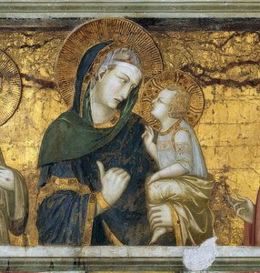Jungfrun och barnet mellan Franciskus av Assisi och evangelisten Johannes. Detalj. 1315-1319 av Pietro Lorenzetti
