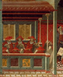 Honorius III godkänner karmelithärska, detalj från predella av altartavla för Carmine av Pietro Lorenzetti (cirka 1280-1348), tempera och guld på träpanel av Pietro Lorenzetti