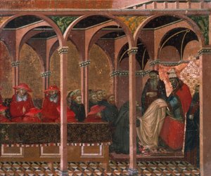 Honorius III godkänner karmelithärska, detalj från predella av altartavla för Carmine av Pietro Lorenzetti (cirka 1280-1348), tempera och guld på träpanel av Pietro Lorenzetti