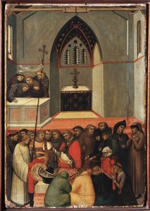 Den uppgrävda kroppen av st Ödmjukheten är oförstörd (Polyptich of the life of Saint Humility) - Detrempe på trä 1300-talet