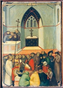 Den uppgrävda kroppen av den välsignade finns intakt och fräsch, kakel på altartavlan av den välsignade ödmjukheten, av Pietro Lorenzetti (ca 1280-1348), tempera och guld på träpanel. av Pietro Lorenzetti