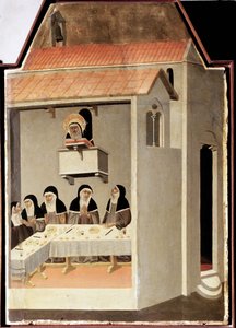 Det analfabete helgonet läser mirakulöst (Polyptyk av den heliga ödmjukhetens liv) - Detrempe på trä 1300-talet av Pietro Lorenzetti