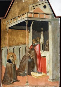 Ugolotti tog den monastiska vanan (detalj av den heliga ödmjukhetens polyptykliv) - Detrempe på trä av Pietro Lorenzetti