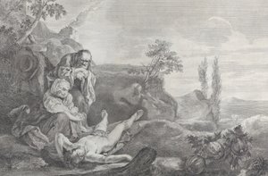 Adam och Eva till vänster, som ett äldre par, sörjande över Abels lik som ligger i..., 1743-63.