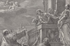 Kristus på en balkong omgiven av vakter, Pilatus står till höger och gestikulerar towa..., ca. 1730-39.