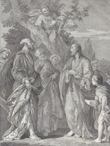 Sackeus omvändelse, med Kristus till höger tilltalande till skatteindrivaren, som sitter..., 1730-39.