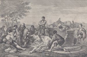 Josef såldes till slaveri av sina bröder, som sitter runt en brunn som delar upp c..., 1730-39.