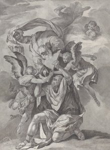 Moses tar emot lagens tavlor från Gud som stiger ner från himlen, från..., ca. 1730-39.