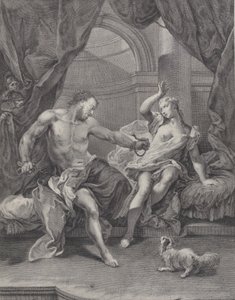 Simson och Delila satt på en säng, Simson river isär repen som binder hans hand..., ca. 1730-39.