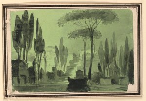 Scenografi, trappor mellan gravar av Pietro Narducci