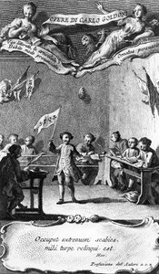 Carlo Goldoni viftar med en flagga för att fira att han passerat sitt år på jesuitskolan i Perugia, från 