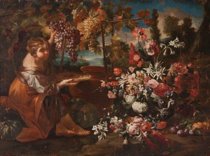 En flicka bland blommor och frukt av Pietro Paolo Bonzi