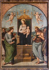 Tronande jungfru bland St. Gervase, Protasio, Paul och Peter av Pietro Perugino