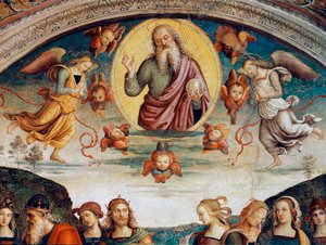 Herren omger med profetior och sibyller Detalj som representerar Herren den Allsmäktige. Fresk av Pietro Vannucci dit il Perugino (Perugin) (1448-1523) 1500 Dim. 229x370 cm Perugia, Collegio del Cambio av Pietro Perugino