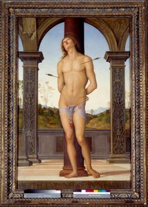 San Sebastians martyrskap Målning av Pietro di Cristoforo Vannucci (Le Perugin eller Il Perugino) (1446-1523) 1500-talet sön 1,76x1,16 m - San Sebastians martyrskap (eller St Sebastian). Målning av Pietro av Cristoforo Vannucci (Il Perugino eller Le av Pietro Perugino