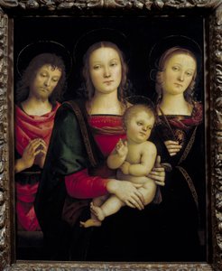 Jungfrun och barnet omgiven av Johannes Döparen och Saint Catherine Målning av Pietro Vannucci dit il Perugino (Le Perugin av Pietro Perugino