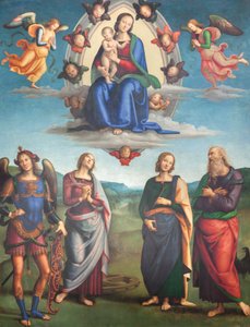 Jungfru med barn i ära med helgon av Pietro Perugino