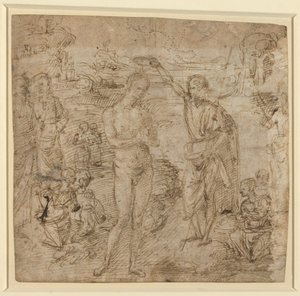 a) Kristi dop; b) Draperad figur som håller i en bok och man som svingar en yxa med en figur, ca 1475 (penna och brunt bläck) av Pietro Perugino