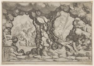 En jätte som lyfter ett stenblock i mitten, andra jättar till vänster och höger kämpar och rec..., ca. 1680.