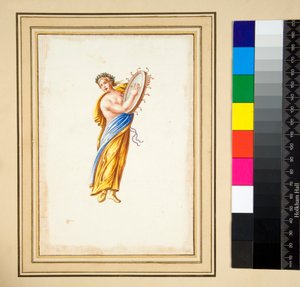 Draperad figur som slår en trumma (svart krita, en del med penna och brunt bläck. färgad med akvarell) av Pietro Santi Bartoli