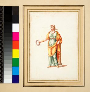 Kvinnlig figur vänt till åskådarens vänster (svart krita, en del med penna och brunt bläck. färgad med akvarell) av Pietro Santi Bartoli