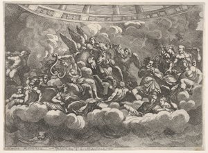 Samling av olika olympiska gudar och mytologiska figurer bland moln, Apollo at ce..., ca. 1680.