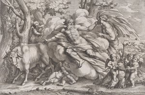 Io till vänster som en ko, Jupiter på ett moln i mitten och Juno till höger med pu..., 1650-90.