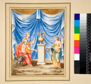 Jupiter sitter till vänster med en örn och en kvinnlig figur (svart krita, en del med penna och brunt bläck. färgad med akvarell) av Pietro Santi Bartoli