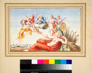 Lunett från en grav (svart krita, en del med penna och brunt bläck. färgad med akvarell) av Pietro Santi Bartoli