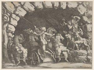 Pluto, sedd bakifrån, går in i Underjorden på sin vagn, Cerberus och tre Fu..., ca. 1680.