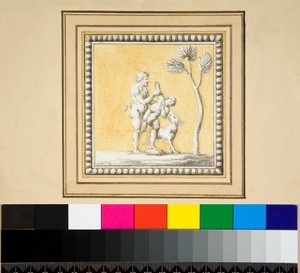Tre silverpaneler från framsidan av en träkista (svart krita, några med penna och brunt bläck. färgad med akvarell) av Pietro Santi Bartoli