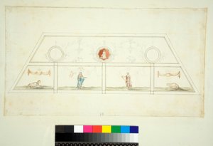 Valv av Villa Madama (svart krita, en del med penna och brunt bläck. färgad med akvarell) av Pietro Santi Bartoli