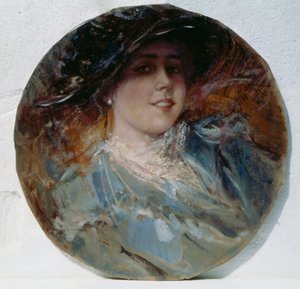 Strålande leende, av Pietro Scoppetta (1863-1920), olja på duk applicerad på kartong, 37,5 cm